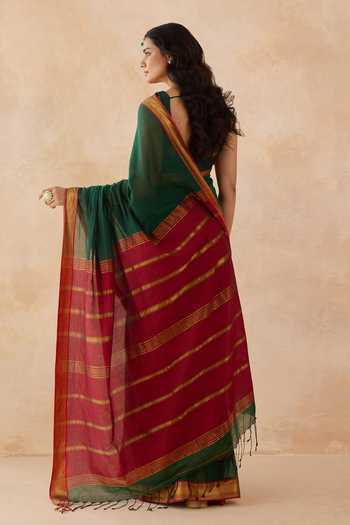 Amaara Deep Green Cotton Saree With Running Blouse 