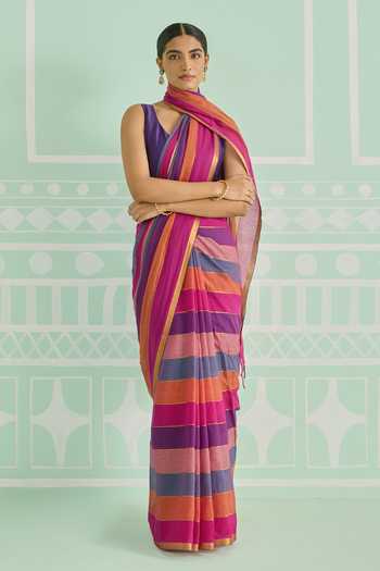 Amaara Pink Multicolor Pure Cotton Handloom Saree With Running Blouse 