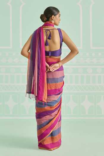 Amaara Pink Multicolor Pure Cotton Handloom Saree With Running Blouse 