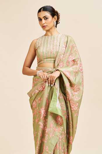 Buy Issa Studio By Chetana & Swathi Green Silk Round Neck Akasha Floral Print Saree And Blouse Set Online at Aza Fashions Buy_Issa Studio By Chetana & Swathi_Green Silk Round Neck Akasha Floral Print Saree And Blouse Set _Online_at_Aza_Fashions