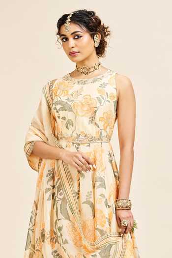 Buy Issa Studio By Chetana & Swathi Yellow Organza Round Neck Kripa Printed Anarkali And Dupatta Online at Aza Fashions Buy_Issa Studio By Chetana & Swathi_Yellow Organza Round Neck Kripa Printed Anarkali And Dupatta _Online_at_Aza_Fashions
