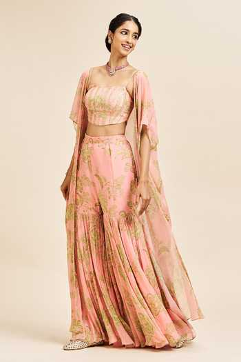 Issa Studio By Chetana & Swathi Peach Silk Square Neck Nithi Floral Print Cape Sharara Set at Aza Fashions Issa Studio By Chetana & Swathi_Peach Silk Square Neck Nithi Floral Print Cape Sharara Set _at_Aza_Fashions