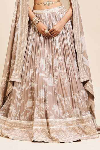 Shop Issa Studio By Chetana & Swathi Beige Organza V-neck Pragya Printed Pleated Lehenga Set Online at Aza Fashions Shop_Issa Studio By Chetana & Swathi_Beige Organza V-neck Pragya Printed Pleated Lehenga Set _Online_at_Aza_Fashions