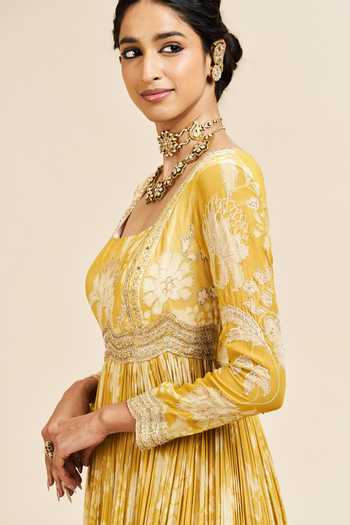 Shop_Issa Studio By Chetana & Swathi_Yellow Organza, Georgette Square Neck Smriti Printed Anarkali With Dupatta _Online_at_Aza_Fashions