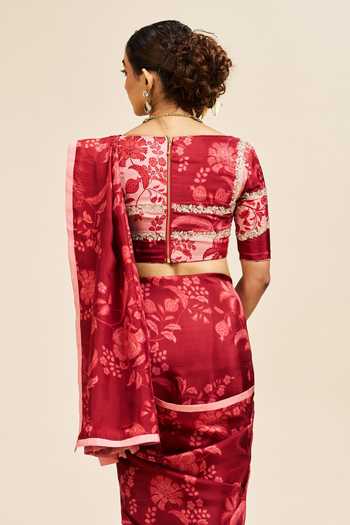 Shop Issa Studio By Chetana & Swathi Red Silk V-neck Vedita Printed Saree With Blouse at Aza Fashions Shop_Issa Studio By Chetana & Swathi_Red Silk V-neck Vedita Printed Saree With Blouse _at_Aza_Fashions