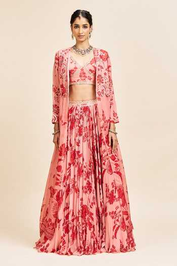 Issa Studio By Chetana & Swathi_Red Georgette V-neck Vidha Printed Lehenga Set With Cape _Online_at_Aza_Fashions