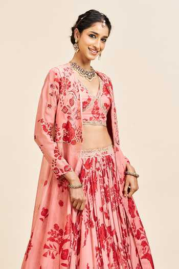 Buy_Issa Studio By Chetana & Swathi_Red Georgette V-neck Vidha Printed Lehenga Set With Cape _Online_at_Aza_Fashions