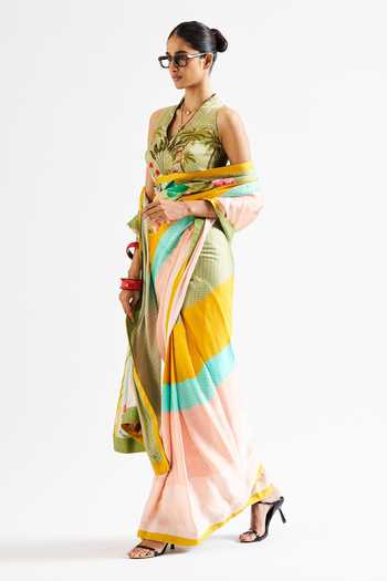 Issa Studio By Chetana & Swathi Multi Color Georgette V-neck Alya Striped Saree With Floral Blouse Online at Aza Fashions Issa Studio By Chetana & Swathi_Multi Color Georgette V-neck Alya Striped Saree With Floral Blouse _Online_at_Aza_Fashions