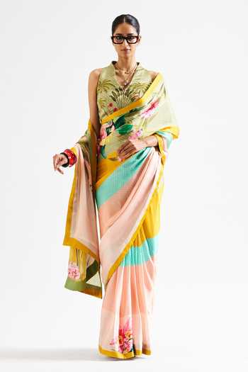 Issa Studio By Chetana & Swathi Alya Striped Saree With Floral Blouse 