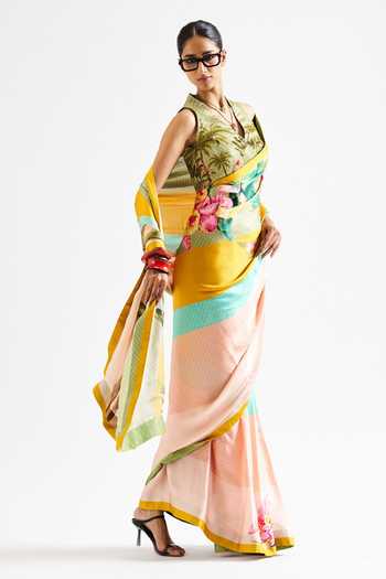 Buy Issa Studio By Chetana & Swathi Multi Color Georgette V-neck Alya Striped Saree With Floral Blouse Online at Aza Fashions Buy_Issa Studio By Chetana & Swathi_Multi Color Georgette V-neck Alya Striped Saree With Floral Blouse _Online_at_Aza_Fashions