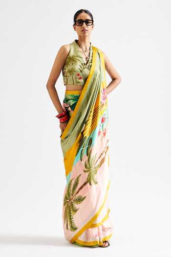 Shop Issa Studio By Chetana & Swathi Multi Color Georgette V-neck Alya Striped Saree With Floral Blouse Online at Aza Fashions Shop_Issa Studio By Chetana & Swathi_Multi Color Georgette V-neck Alya Striped Saree With Floral Blouse _Online_at_Aza_Fashions