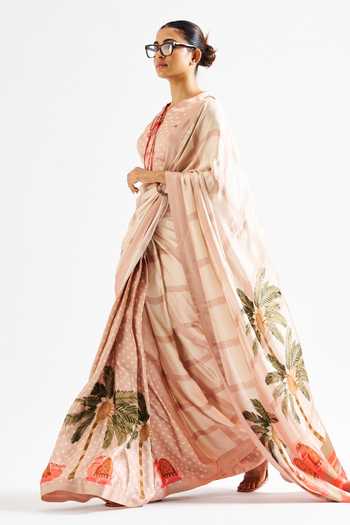 Issa Studio By Chetana & Swathi_Beige Georgette, Satin V-neck Ania Printed Saree With Blouse _Online_at_Aza_Fashions
