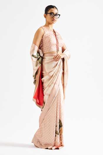 Buy_Issa Studio By Chetana & Swathi_Beige Georgette, Satin V-neck Ania Printed Saree With Blouse _Online_at_Aza_Fashions