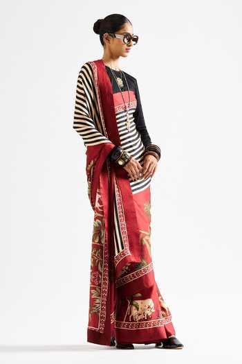 Issa Studio By Chetana & Swathi_Black Georgette, Satin Round Neck Faina Striped Saree With Blouse _Online_at_Aza_Fashions