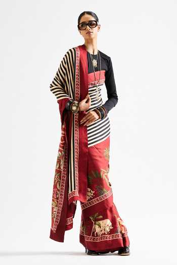 Buy_Issa Studio By Chetana & Swathi_Black Georgette, Satin Round Neck Faina Striped Saree With Blouse _Online_at_Aza_Fashions