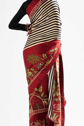 Shop_Issa Studio By Chetana & Swathi_Black Georgette, Satin Round Neck Faina Striped Saree With Blouse _Online_at_Aza_Fashions