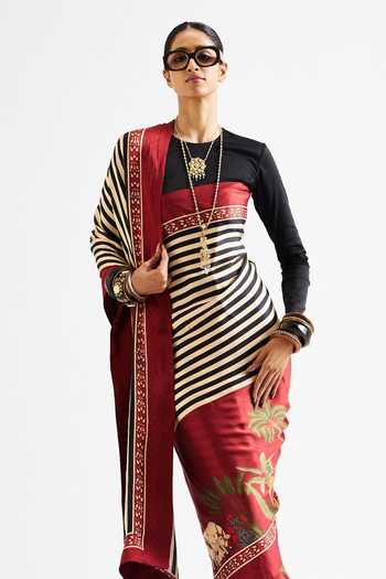 Issa Studio By Chetana & Swathi_Black Georgette, Satin Round Neck Faina Striped Saree With Blouse _at_Aza_Fashions