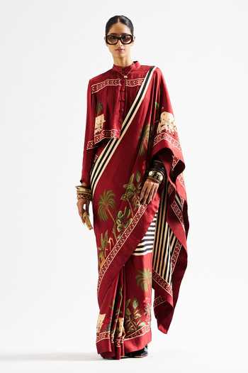 Issa Studio By Chetana & Swathi_Maroon Georgette, Satin Mandarin Collar Faina Printed Saree With Crop Top _Online_at_Aza_Fashions