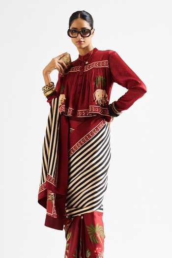 Buy_Issa Studio By Chetana & Swathi_Maroon Georgette, Satin Mandarin Collar Faina Printed Saree With Crop Top _Online_at_Aza_Fashions
