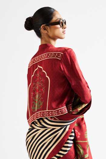 Shop_Issa Studio By Chetana & Swathi_Maroon Georgette, Satin Mandarin Collar Faina Printed Saree With Crop Top _Online_at_Aza_Fashions