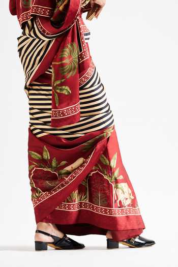 Issa Studio By Chetana & Swathi_Maroon Georgette, Satin Mandarin Collar Faina Printed Saree With Crop Top _at_Aza_Fashions
