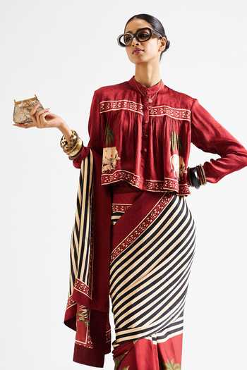 Buy_Issa Studio By Chetana & Swathi_Maroon Georgette, Satin Mandarin Collar Faina Printed Saree With Crop Top 