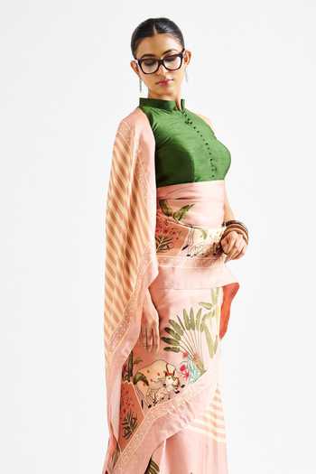 Issa Studio By Chetana & Swathi Green Georgette, Satin Mandarin Collar Kathya Printed Saree With Blouse Online at Aza Fashions Issa Studio By Chetana & Swathi_Green Georgette, Satin Mandarin Collar Kathya Printed Saree With Blouse _Online_at_Aza_Fashions