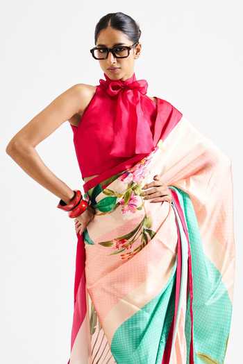 Issa Studio By Chetana & Swathi Pink Georgette, Satin Halter Neck Larisa Floral Print Saree With Blouse Online at Aza Fashions Issa Studio By Chetana & Swathi_Pink Georgette, Satin Halter Neck Larisa Floral Print Saree With Blouse _Online_at_Aza_Fashions