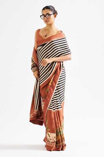 Issa Studio By Chetana & Swathi_Brown Georgette, Satin V-neck Masha Striped Floral Print Saree With Blouse _Online_at_Aza_Fashions
