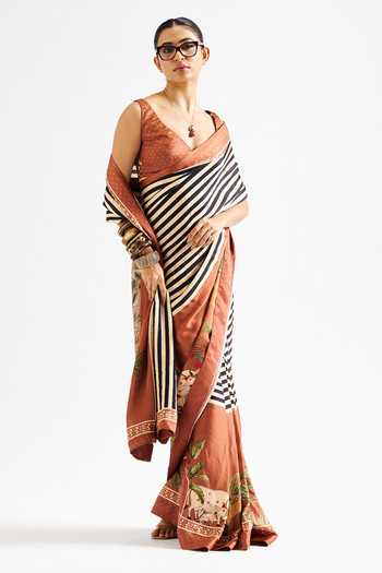 Buy_Issa Studio By Chetana & Swathi_Brown Georgette, Satin V-neck Masha Striped Floral Print Saree With Blouse _Online_at_Aza_Fashions