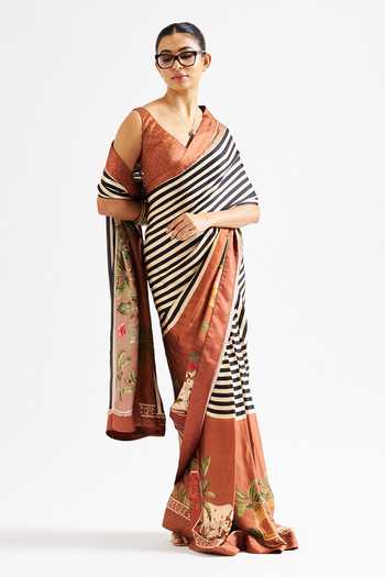 Shop_Issa Studio By Chetana & Swathi_Brown Georgette, Satin V-neck Masha Striped Floral Print Saree With Blouse _Online_at_Aza_Fashions