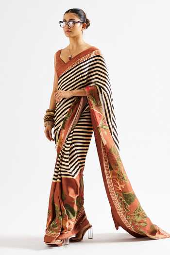 Issa Studio By Chetana & Swathi_Brown Georgette, Satin V-neck Masha Striped Floral Print Saree With Blouse _at_Aza_Fashions
