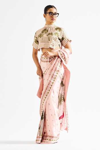 Issa Studio By Chetana & Swathi Pink Georgette, Satin High Neck Minika Printed Saree With Crop Top Online at Aza Fashions Issa Studio By Chetana & Swathi_Pink Georgette, Satin High Neck Minika Printed Saree With Crop Top _Online_at_Aza_Fashions
