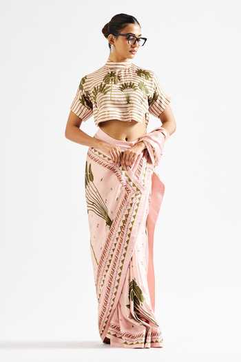 Buy Issa Studio By Chetana & Swathi Pink Georgette, Satin High Neck Minika Printed Saree With Crop Top Online at Aza Fashions Buy_Issa Studio By Chetana & Swathi_Pink Georgette, Satin High Neck Minika Printed Saree With Crop Top _Online_at_Aza_Fashions