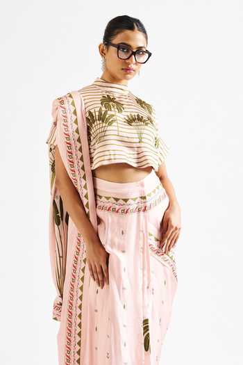 Shop Issa Studio By Chetana & Swathi Pink Georgette, Satin High Neck Minika Printed Saree With Crop Top Online at Aza Fashions Shop_Issa Studio By Chetana & Swathi_Pink Georgette, Satin High Neck Minika Printed Saree With Crop Top _Online_at_Aza_Fashions