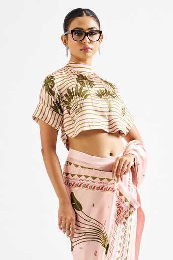 Issa Studio By Chetana & Swathi Pink Georgette, Satin High Neck Minika Printed Saree With Crop Top at Aza Fashions Issa Studio By Chetana & Swathi_Pink Georgette, Satin High Neck Minika Printed Saree With Crop Top _at_Aza_Fashions