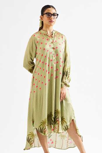 Issa Studio By Chetana & Swathi Green Georgette, Satin Mandarin Collar Nancy Botanic Print Asymmetric Dress Set Online at Aza Fashions Issa Studio By Chetana & Swathi_Green Georgette, Satin Mandarin Collar Nancy Botanic Print Asymmetric Dress Set _Online_at_Aza_Fashions