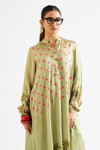 Buy Issa Studio By Chetana & Swathi Green Georgette, Satin Mandarin Collar Nancy Botanic Print Asymmetric Dress Set Online at Aza Fashions Buy_Issa Studio By Chetana & Swathi_Green Georgette, Satin Mandarin Collar Nancy Botanic Print Asymmetric Dress Set _Online_at_Aza_Fashions