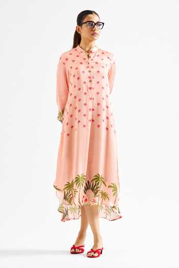 Issa Studio By Chetana & Swathi_Peach Georgette, Satin Mandarin Collar Nancy Botanic Pattern Asymmetric Dress _Online_at_Aza_Fashions