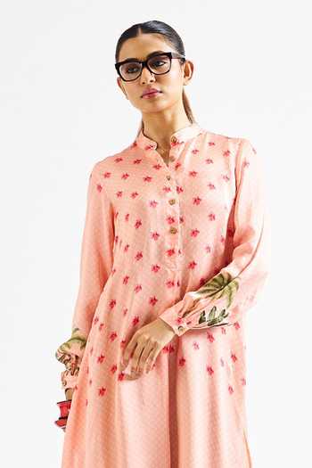 Buy_Issa Studio By Chetana & Swathi_Peach Georgette, Satin Mandarin Collar Nancy Botanic Pattern Asymmetric Dress _Online_at_Aza_Fashions