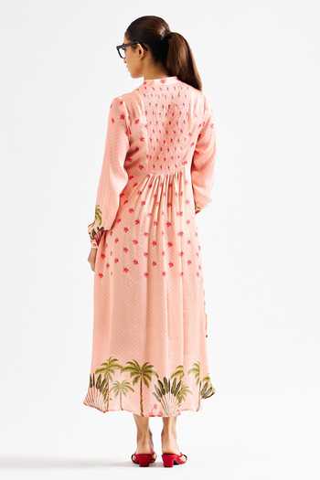 Shop_Issa Studio By Chetana & Swathi_Peach Georgette, Satin Mandarin Collar Nancy Botanic Pattern Asymmetric Dress _Online_at_Aza_Fashions