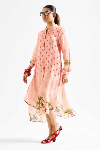 Issa Studio By Chetana & Swathi_Peach Georgette, Satin Mandarin Collar Nancy Botanic Pattern Asymmetric Dress _at_Aza_Fashions