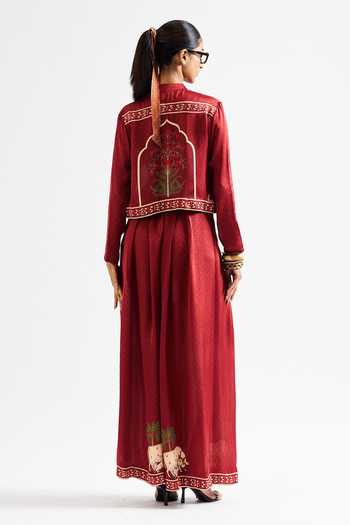 Buy_Issa Studio By Chetana & Swathi_Maroon Georgette, Satin Mandarin Suki Printed Crop Shirt And Pant Co-ord Set _Online_at_Aza_Fashions