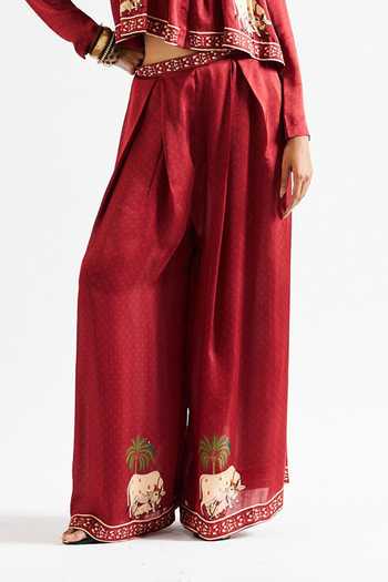 Shop_Issa Studio By Chetana & Swathi_Maroon Georgette, Satin Mandarin Suki Printed Crop Shirt And Pant Co-ord Set _Online_at_Aza_Fashions