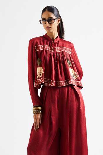 Issa Studio By Chetana & Swathi_Maroon Georgette, Satin Mandarin Suki Printed Crop Shirt And Pant Co-ord Set _at_Aza_Fashions