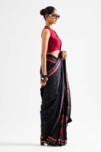 Issa Studio By Chetana & Swathi_Black Georgette, Satin Scoop Neck Varya Printed Saree With Maroon Blouse _Online_at_Aza_Fashions
