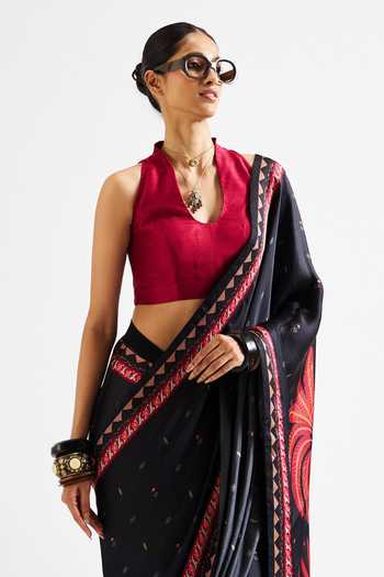 Buy_Issa Studio By Chetana & Swathi_Black Georgette, Satin Scoop Neck Varya Printed Saree With Maroon Blouse _Online_at_Aza_Fashions