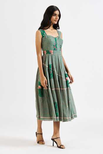 Issa Studio By Chetana & Swathi_Green Cotton Sweetheart Neck Rika Checkered And Patch Floral Print Dress _Online_at_Aza_Fashions