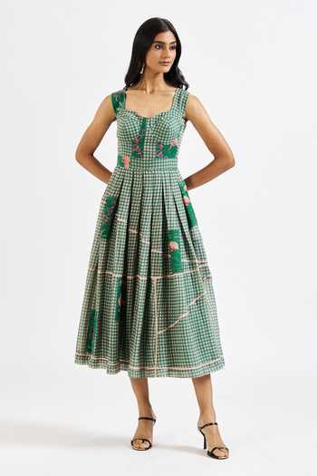 Buy_Issa Studio By Chetana & Swathi_Green Cotton Sweetheart Neck Rika Checkered And Patch Floral Print Dress _Online_at_Aza_Fashions