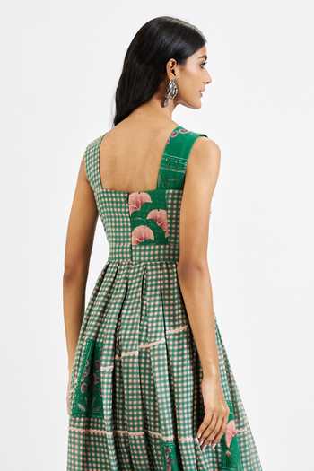 Shop_Issa Studio By Chetana & Swathi_Green Cotton Sweetheart Neck Rika Checkered And Patch Floral Print Dress _Online_at_Aza_Fashions